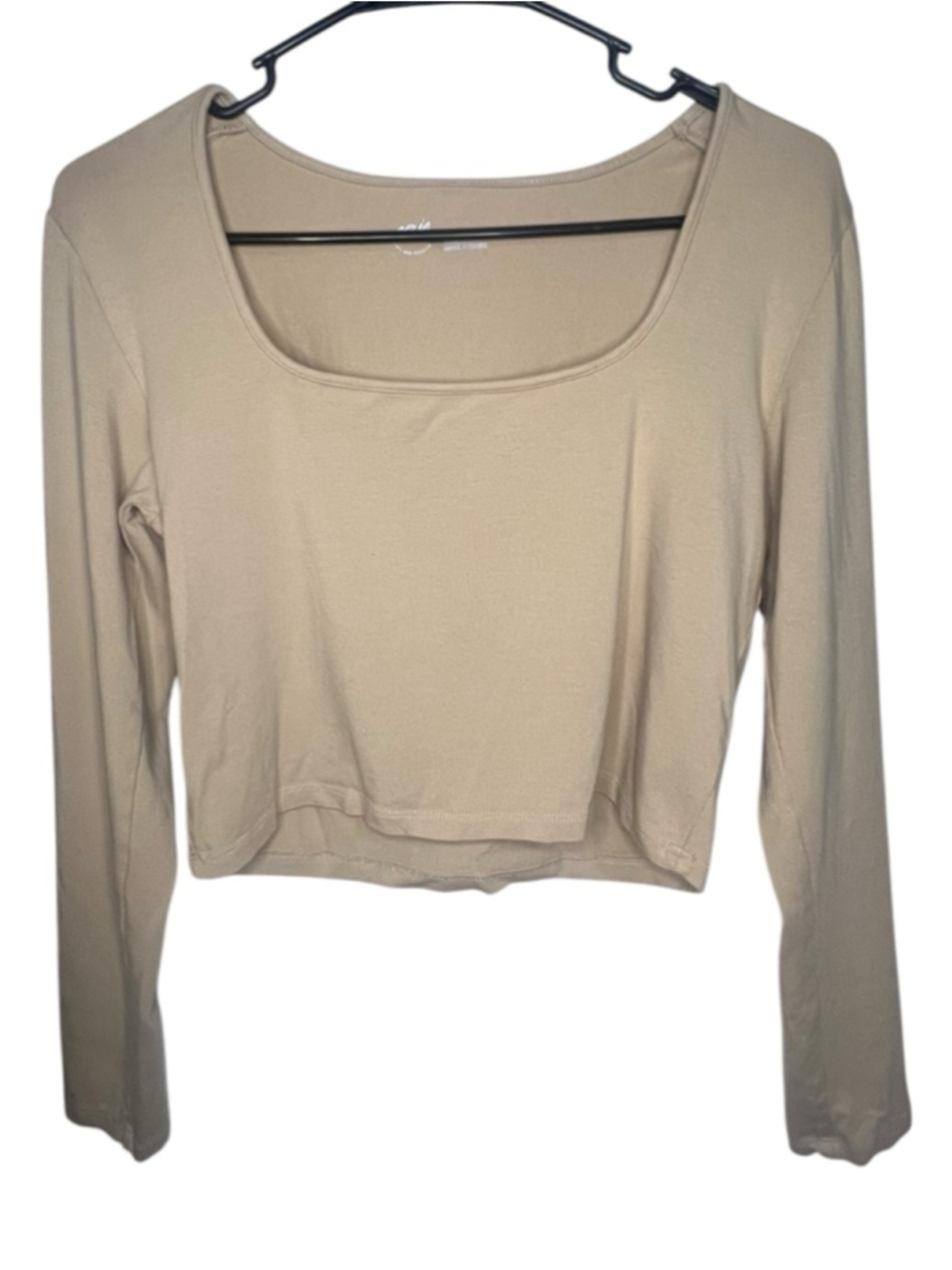 Aerie Beige Long Sleeve Square Neck Stretchy Basic Crop Top